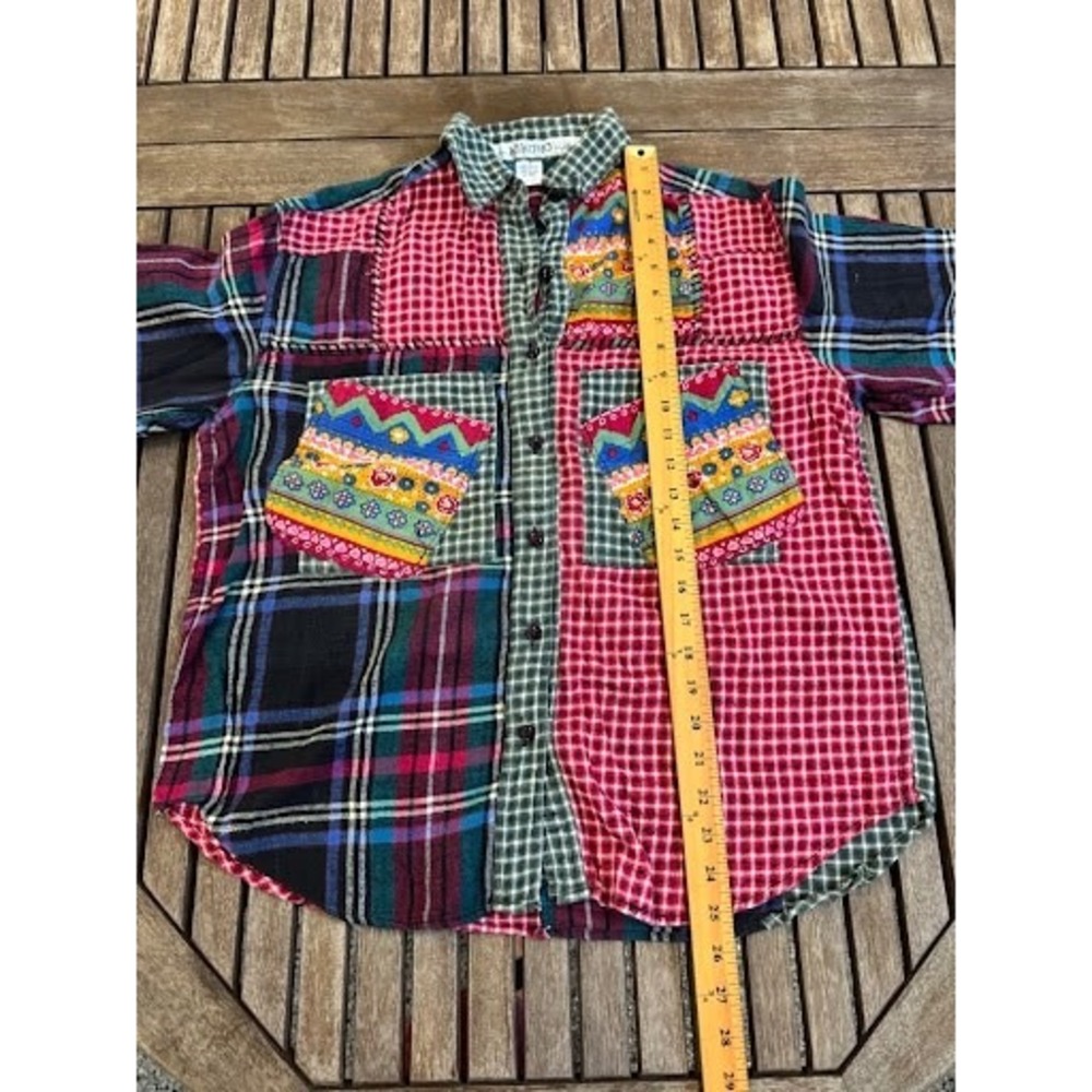 VTG Classic Kikomo Patchwork Flannel Shirt Button-Up Multi-Pattern Hearts Small - Picture 4 of 6